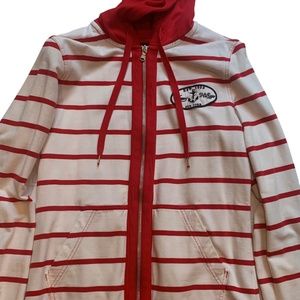Tommy Hilfiger Red and White Striped Zip Up Hoodie Sweatshirt Jacket S